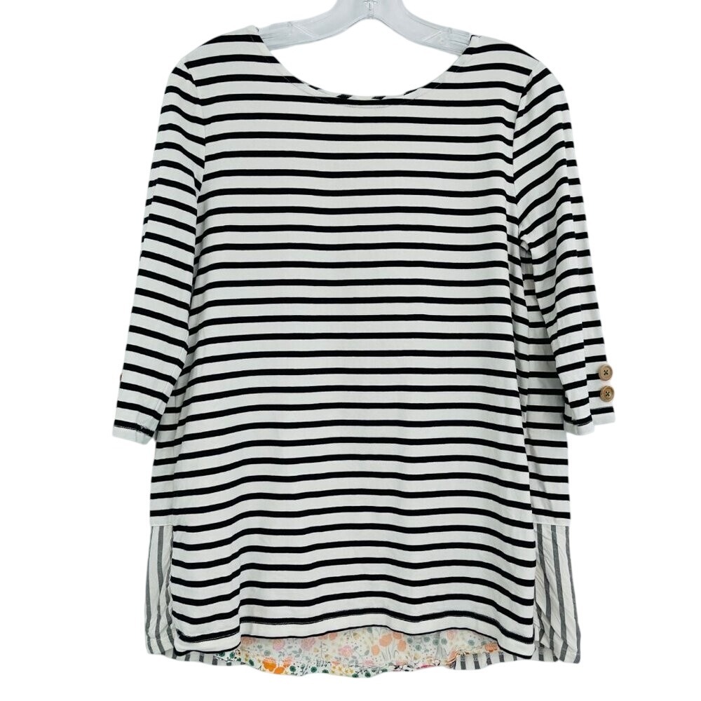 Matilda Jane Joanna Gaines Tunic Women Small Black White Striped Floral Farm